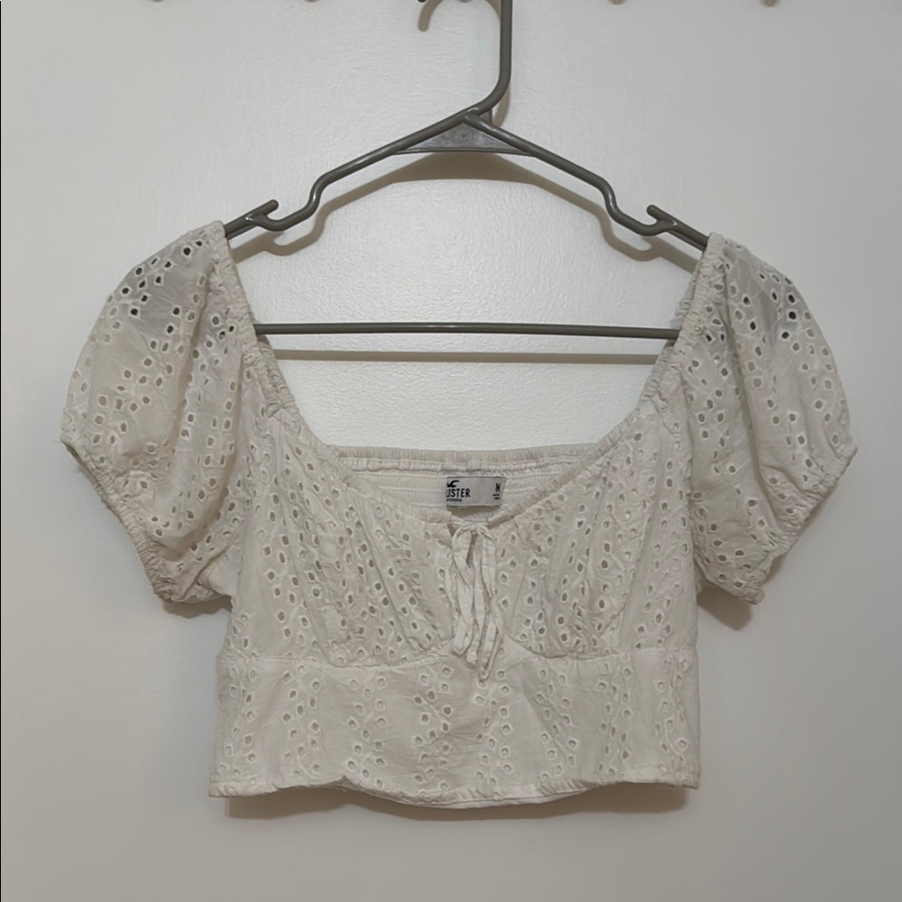 Hollister White Puff Sleeve Crop Top with Tie Front